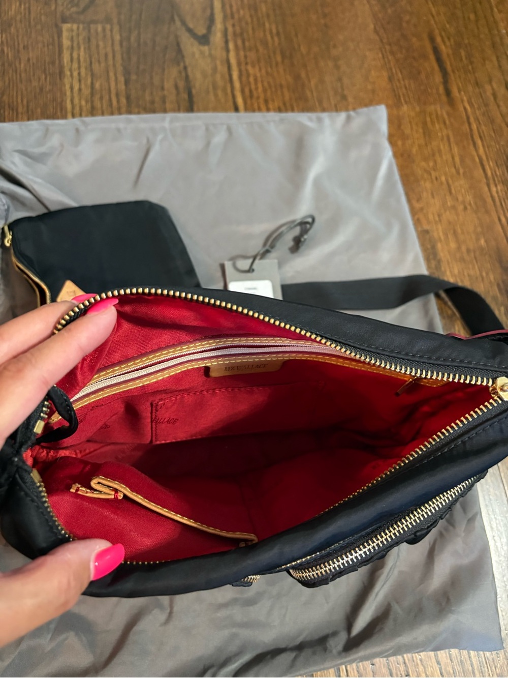 MZ Wallace Black Nylon Crossbody with Gold Hardware and Red Trim - Picture 5 of 8